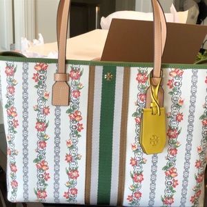 Floral emerald green Tory Burch tote.